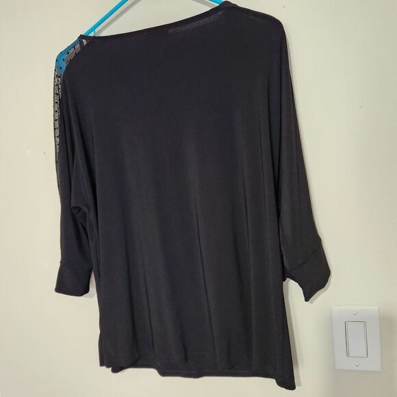 Jones New York Blouse Size Medium Black Color Mesh Sleeves Stretch - Picture 3 of 12